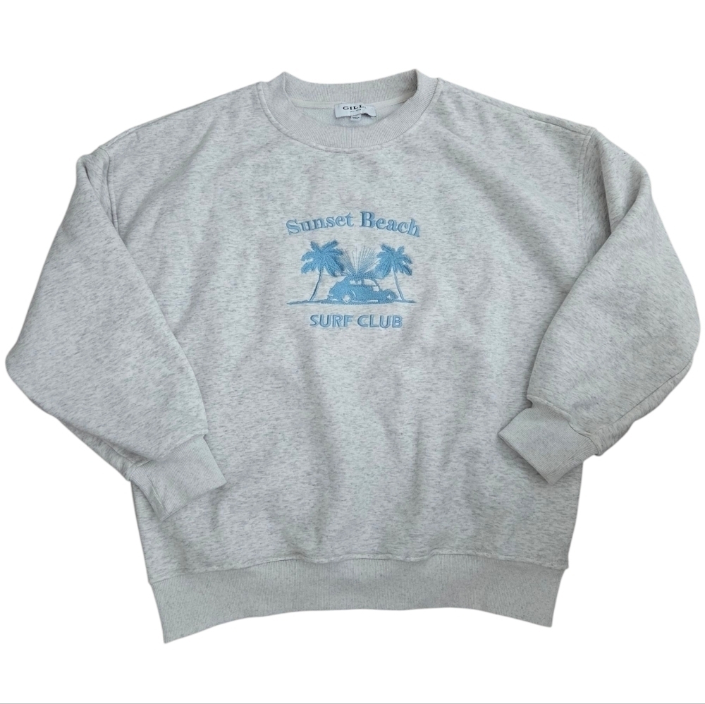 Gilli Sunset Beach Surf Club Embroidered Gray Crewneck Sweatshirt Oversized S - Picture 3 of 8